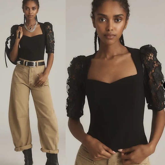 Anthropologie Tops - DOLAN LEFT COAST  Faux-Leather Cutwork Puff-Sleeve Blouse